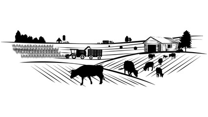 Silhouette scene from farm life with fields, barns and cows isolated on white background. Rural clipart.