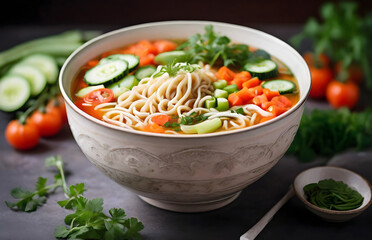 A bowl of delicious noodle soup with fresh vegetables, carrot, cucumber, tomato and herbs on the table 