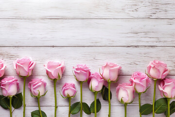 pink roses on wooden background, mother's day and valentine's day