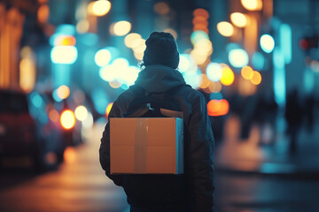 Obraz premium courier delivering a parcel with a bustling urban scene in the background, the lights forming a beautiful blurry bokeh, emphasizing the dynamic nature of courier services in a comm