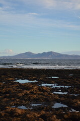 Beautiful sunrise over the Atlantic Ocean near the town of Corralejo, on Fuerteventura beach overlooking the islands of Lobos and Lanzarot. Rocky beach in the morning with a view of the rolling sea