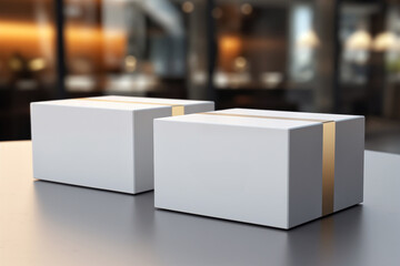 Blank white box mockup on table in coffee shop.