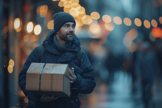 courier with a parcel in a suburban setting, surrounded by soft blurry bokeh lights, symbolizing the seamless and peaceful delivery experience in a commercial context