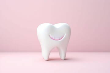 Smiling White Tooth Model Against a Soft Pink Background in a Dental Health Concept