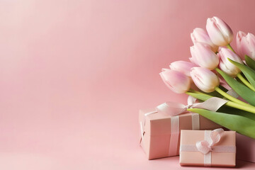 Bouquet of beautiful pink tulips with gifts on a pink background, beautiful gift cards for Valentine's Day and Mother's Day