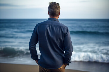 man stands gazing at the vast, serene ocean, with waves gently crashing on the sandy shore during dusk, ai genertive