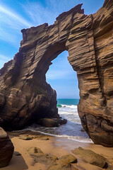A natural rock arch on a sandy beach, with waves and a clear blue sky in the background, ai generative