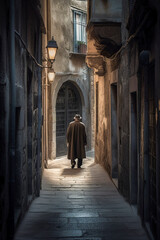 A person in a coat walks down a narrow, atmospheric, old-world alley, illuminated by soft light from a street lamp, ai generative