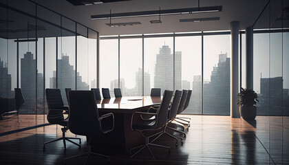 Empty meeting room in office with panoramic cityscape, Business transformation background. Used for business presentations, Ai generated image