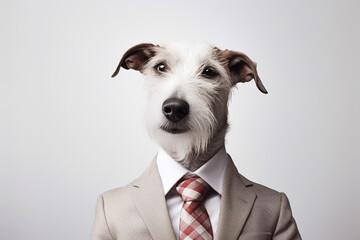 Cute and funny dog impersonating business person, working in the office, on white background