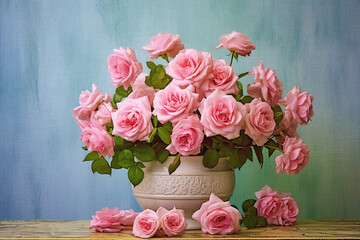 bouquet of beautiful pink roses in a vase, Mother's Day and Valentine's Day