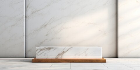 Marble podium in situated on white surface with wooden floor.