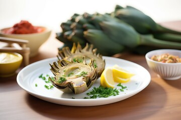 steamed artichokes on a plate with a side of aioli