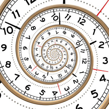 Spiral with clock watch dial. Metaphor of infinity of time. Transience of time. Limited life time. Conceptual illustration. Hand drawn vector illustration.