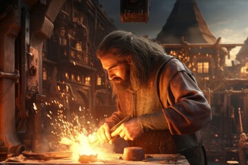 Medieval blacksmith working in his smithy - obrazy, fototapety, plakaty