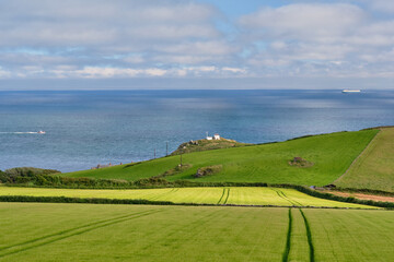 Naklejka premium View across fields to the sea at Prawle Point on the South West Coast Path, Devon, UK
