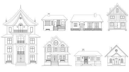 Set of black outlines of mansions and private houses isolated on white background. One-story houses and with several floors. Clipart.