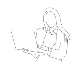 Vector drawing of woman using laptop continuous line art