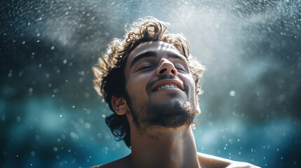 Fototapeta na wymiar Closeup portrait of a serene happy healthy young man with closed eyes enjoying water treatments