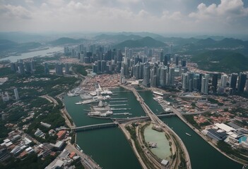 Fototapeta na wymiar Aerial view from plane overlooking the port or harbor area of Kuala Lumpur the capital of Malaysia