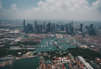 Aerial view from plane overlooking the port or harbor area of Kuala Lumpur the capital of Malaysia