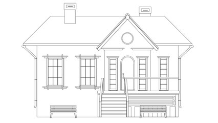 Outline of one-story house with porch and benches isolated on white background. Clipart.