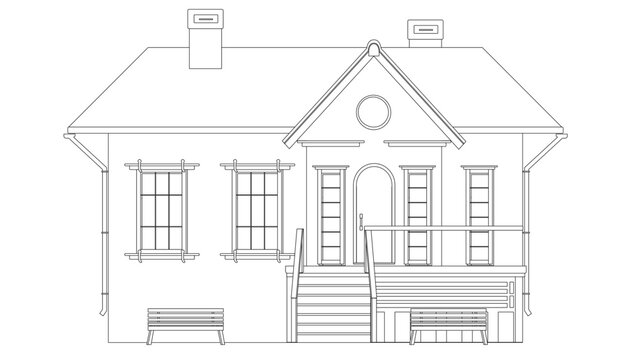 recommend clip art: Outline of one-story house with porch and benches isolated on white background. Clipart.