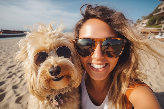 Happy woman taking selfie with her dog during summer day on the beach, they are lying on the sand and wearing sunglasses