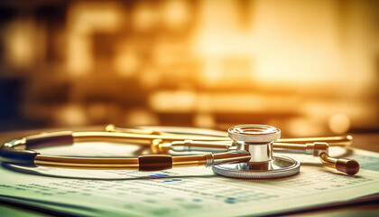Obraz premium Stethoscope on the medical report. Healthcare and medical concept, billing statement for medical service in doctor's office background
