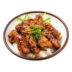Grilled chicken with teriyaki sauce, sesame on topped rice.