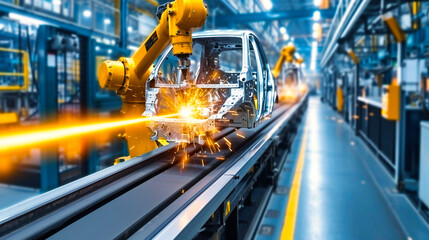 Automotive Manufacturing: Industrial Robots in an Automobile Assembly Line - obrazy, fototapety, plakaty