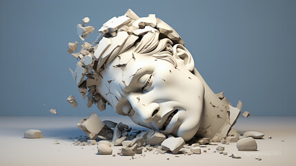Broken, ancient, greek, statue, head, falling, pieces, marble, sculpture, cracking, bust, concept,
