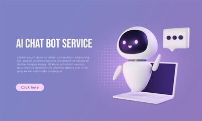 3D artificial intelligence chat bot with laptop, talk bubble. Neural network robot, digital brain banner concept, AI servers technology. Online communication, support assistance. Vector illustration.