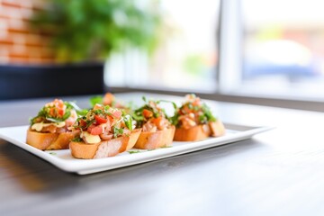 bruschetta lined up on a white dish with a basil plant in the background