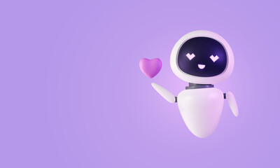3D robot holding heart. AI Chat bot with love in his eyes. Cartoon character render in plastic style. Artificial intelligence server technology. Online communication, support assistance. Vector banner