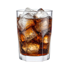 Soda glass with ice cubes. Cold brown drink in transparent glass isolated on white background