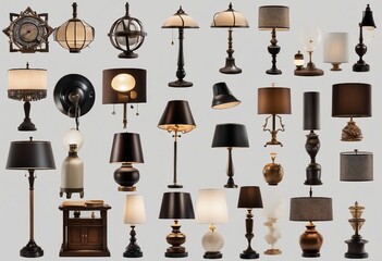 Collection Set of different decor styles of retro vantage and modern bedside nightstand lighting tab - obrazy, fototapety, plakaty
