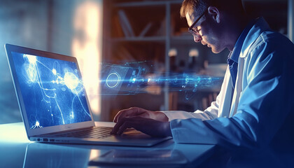 Abstract. Businessman use laptop and synchronize data of business on computer device with global network, Data exchange, Information Transfer, Data science analytics and internet technology,