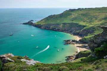 View towards Bolt Head across boats in Starehole Bay near Salcombe seen from the South West Coast...