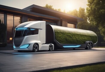 Electric truck vehicle powered by electric alternative energy in a futuristic car design with clean