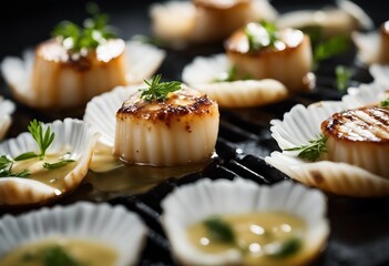 Fine dining chef preparing Grilled scallops recipe in creamy butter lemon or Cajun spicy dripping sa - obrazy, fototapety, plakaty