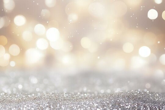 Shimmering Banner With Silver Glitter Backdrop, Perfect For Festive White Templates On Christmas Cards And Brochures. Bokeh Pattern For Digital Presentations And Slideshow Backgrounds. Generative AI