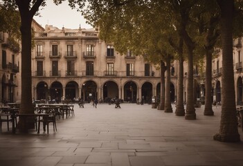 Generic view of the old PlaÃ§a Reial town square or plaza showing the traditional architecture of...