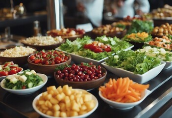 Fototapeta na wymiar Healthy food and salad bar selection of appetizer typically found at restaurant or hotel food buffet