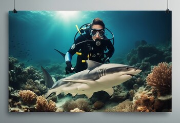 Scuba drivers through tunnel under the ocean with fish and dangerous killer shark undersea life wond