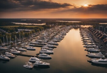 Sunset panoramic view of the hauge city in the Netherlands showing generic marina area from the sea
