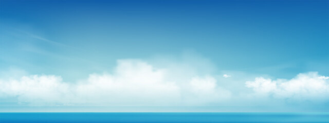 Sky Blue,Cloud Background,Horizon Spring Clear Sky in Morning by the beach,Vector illustration Panoramic Scene landscape nature sunrise in Summer,Backdrop banner white clouds over ocean blue