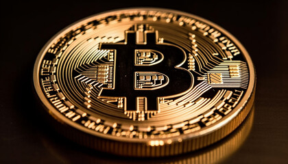 Obraz premium Golden symbolic coin Bitcoin on banknotes of one hundred dollars. Exchange bitcoin cash for a dollars. Cryptocurrency on US dollar bills. Digital modern method of payment. Savings, investments concept