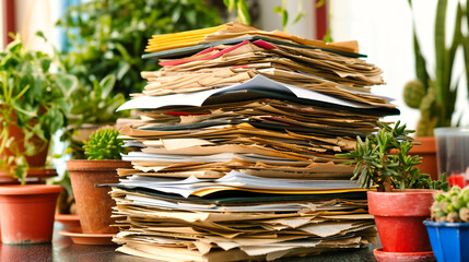 Towering Stack of Papers and Documents: Symbolizing Overwhelming Workload in a Business Office - obrazy, fototapety, plakaty