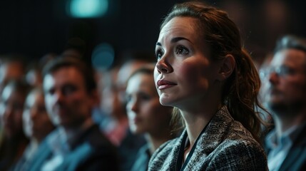 Side view of businesswoman looking at camera during conference in conference hall